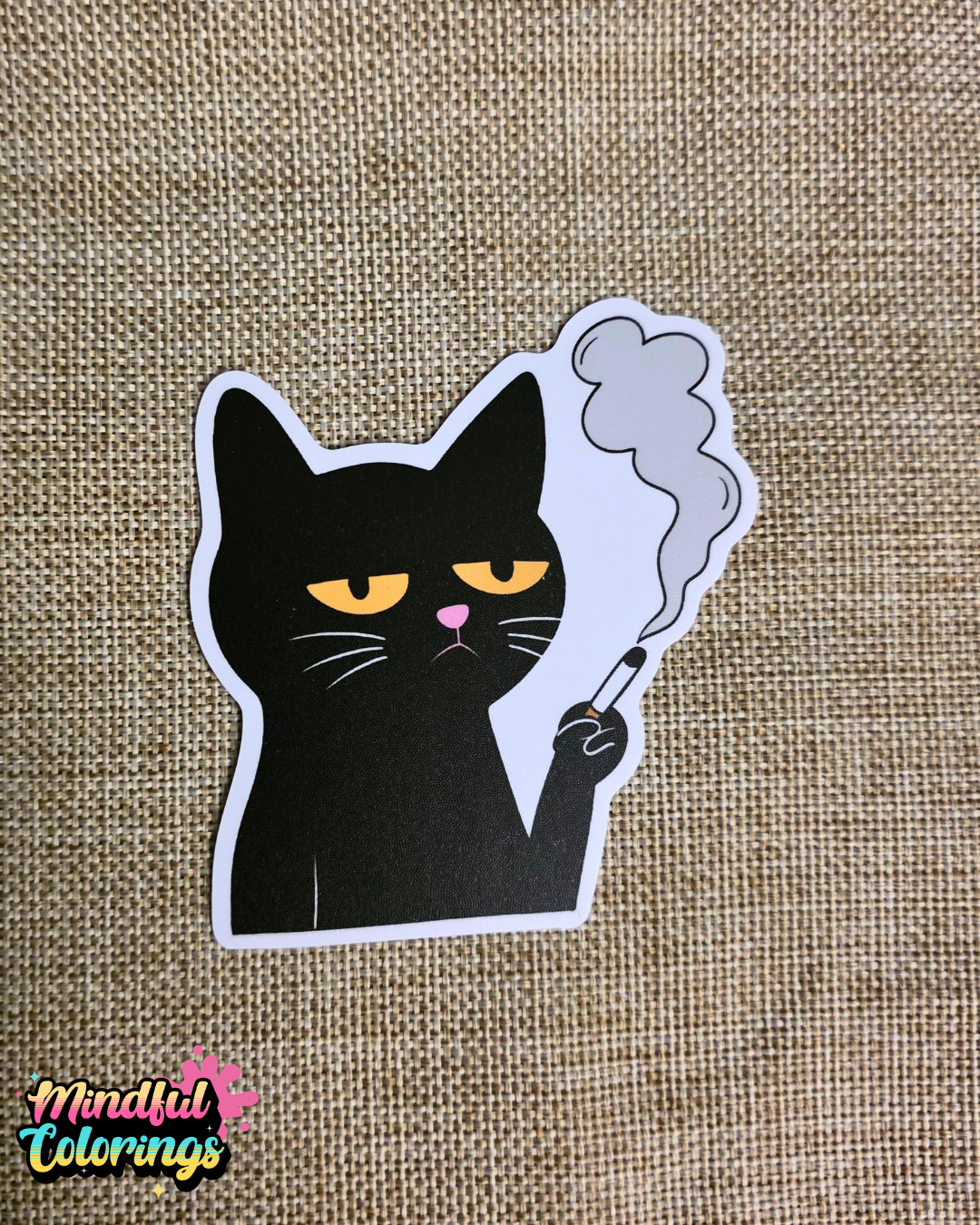 Sticker of a black cat smoking a cigarette on a textured brown background
