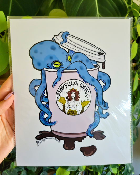 Illustration of a blue octopus coming out of a coffee cup with a brand logo of a topless mermaid.
