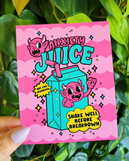 A juice box with cartoon devil characters that says 'Anxiety Juice, Shake Well Before Breakdown" on a two-toned pink wavy background
