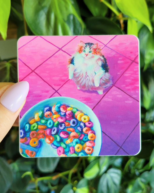 Square sticker with a fat cat staring at a fruit loops cereal bowl
