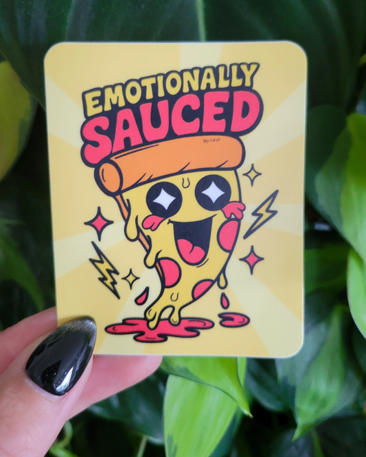 A rectangle sticker with a cartoon pizza character and 'Emotionally Sauced' text on a yellow background