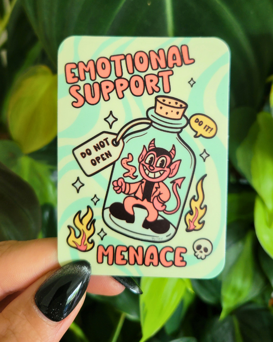 Card with DEVIL cartoon character in a bottle labeled 'Emotional Support Menace' 