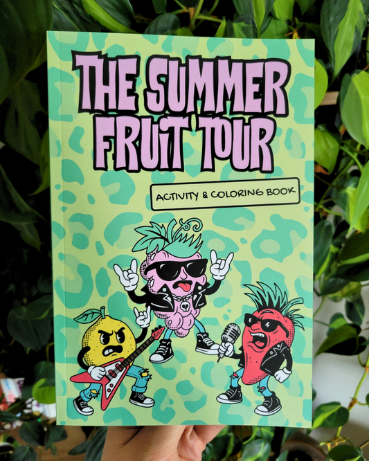 Coloring book titled 'The Summer Fruit Tour' with the words "activity & coloring book". Shows metalhead fruits on the cover playing instruments