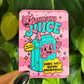 A rectangle shaped sticker with a blue cartoon juice box that says 'Anxiety Juice, Shake well for breakdown" on a two-toned pink wavy background with two devil characters.