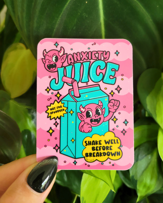 A rectangle shaped sticker with a blue cartoon juice box that says 'Anxiety Juice, Shake well for breakdown" on a two-toned pink wavy background with two devil characters.