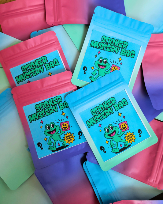 Sticker mystery bags with colorful labels featuring cartoon frogs on a multicolored background.