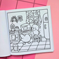 Page from Tiny Mishaps: A Chaotic Coloring Book featuring a bunny helping a duck wearing a cookie jar on its head while a tiny frog holds a strawberry. Cute animal coloring book designed for stress relief, relaxation, mindfulness, and marker-friendly coloring.