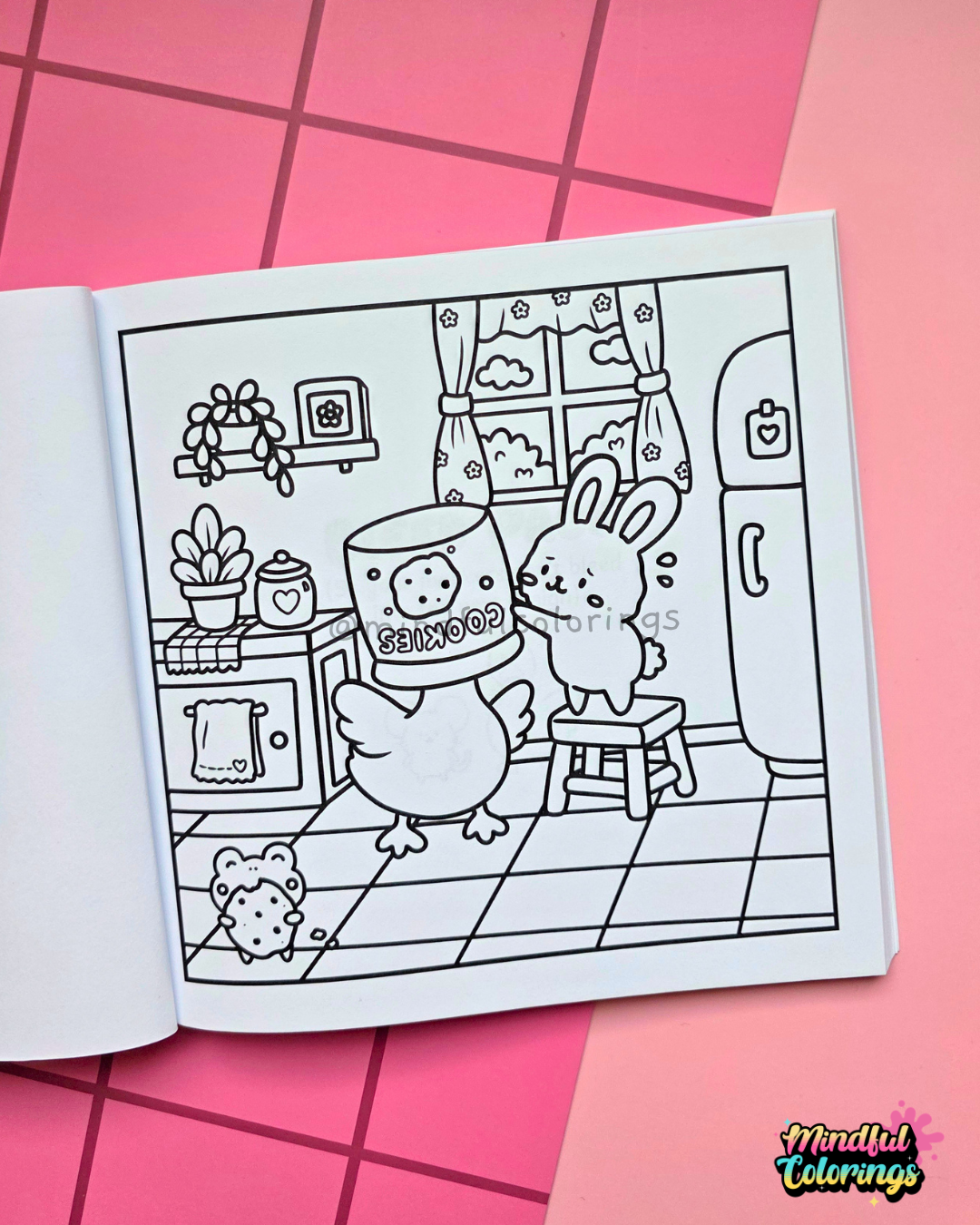 Page from Tiny Mishaps: A Chaotic Coloring Book featuring a bunny helping a duck wearing a cookie jar on its head while a tiny frog holds a strawberry. Cute animal coloring book designed for stress relief, relaxation, mindfulness, and marker-friendly coloring.