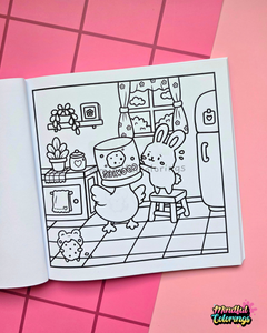 Page from Tiny Mishaps: A Chaotic Coloring Book featuring a bunny helping a duck wearing a cookie jar on its head while a tiny frog holds a strawberry. Cute animal coloring book designed for stress relief, relaxation, mindfulness, and marker-friendly coloring.