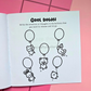 Mindfulness activity page from Tiny Mishaps: A Chaotic Coloring Book encouraging users to write thoughts or emotions inside balloons to let them go. Includes cute woodland animals and calming self-care prompts.