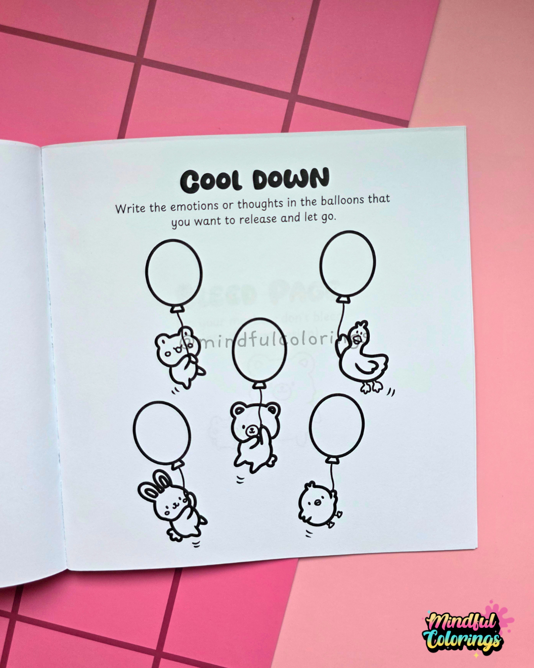 Mindfulness activity page from Tiny Mishaps: A Chaotic Coloring Book encouraging users to write thoughts or emotions inside balloons to let them go. Includes cute woodland animals and calming self-care prompts.