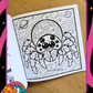 Coloring book page with a cosmic jumping spider design