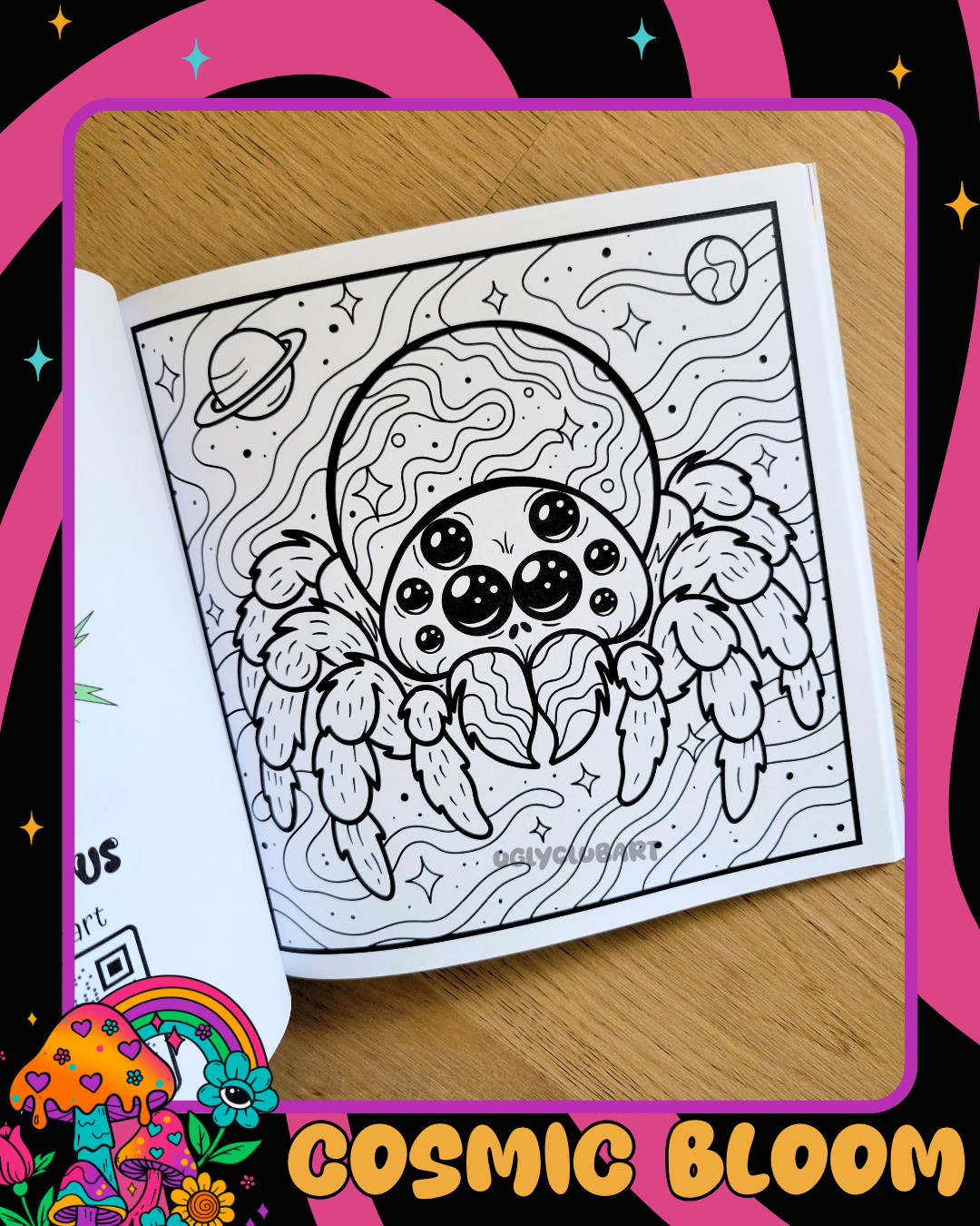 Coloring book page with a cosmic jumping spider design