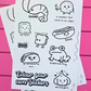Colour-your-own vinyl sticker sheet featuring quirky characters including Suspicious Frog, Anxious Garlic, Bread With Legs, Shramp, One Ravioli, Dawg, an Untrustworthy Taco, and a Meatball That Wants to Be Vegan.