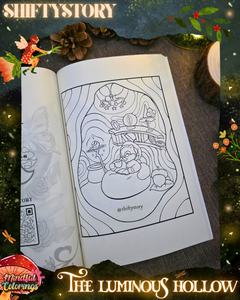 Open colouring journal displaying a cozy woodland illustration of a small animal relaxing on a beanbag inside a tree hollow home, surrounded by books, plants, mushrooms, and magical forest details, featured inside The Luminous Hollow Anxiety Colouring Journal.