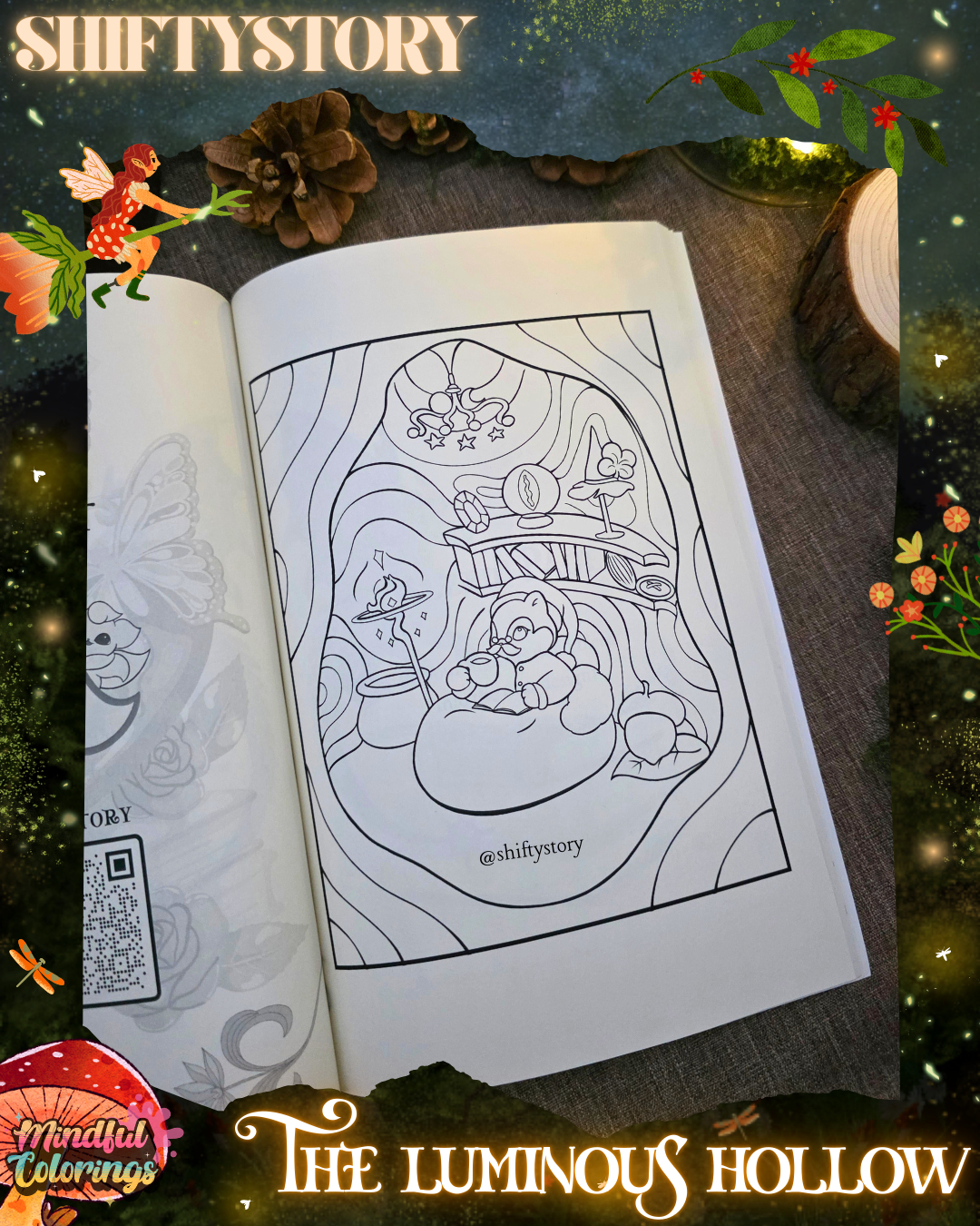 Open colouring journal displaying a cozy woodland illustration of a small animal relaxing on a beanbag inside a tree hollow home, surrounded by books, plants, mushrooms, and magical forest details, featured inside The Luminous Hollow Anxiety Colouring Journal.