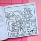 Page from Tiny Mishaps: A Chaotic Coloring Book featuring a bear using a fire extinguisher while a bunny watches a smoking stove and a goose runs through the kitchen. Cute animal coloring book designed for stress relief, relaxation, mindfulness, and marker-friendly coloring.