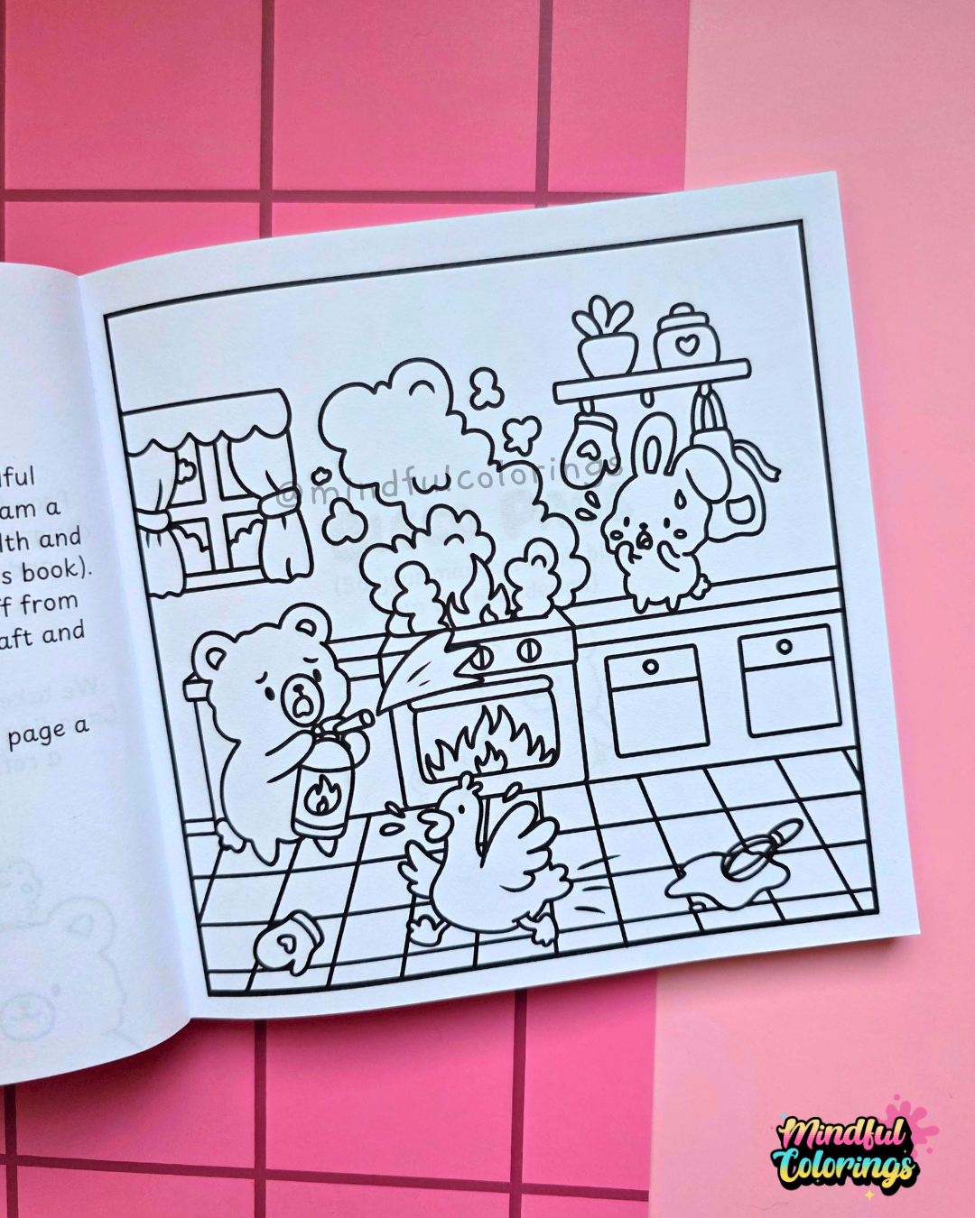 Page from Tiny Mishaps: A Chaotic Coloring Book featuring a bear using a fire extinguisher while a bunny watches a smoking stove and a goose runs through the kitchen. Cute animal coloring book designed for stress relief, relaxation, mindfulness, and marker-friendly coloring.