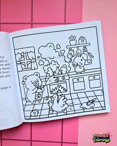 Page from Tiny Mishaps: A Chaotic Coloring Book featuring a bear using a fire extinguisher while a bunny watches a smoking stove and a goose runs through the kitchen. Cute animal coloring book designed for stress relief, relaxation, mindfulness, and marker-friendly coloring.
