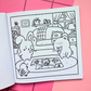 Page from Tiny Mishaps: A Chaotic Coloring Book featuring a bunny and bear searching for a missing puzzle piece while a chick secretly hides it behind its back. Cute animal coloring book designed for stress relief, relaxation, mindfulness, and marker-friendly coloring.