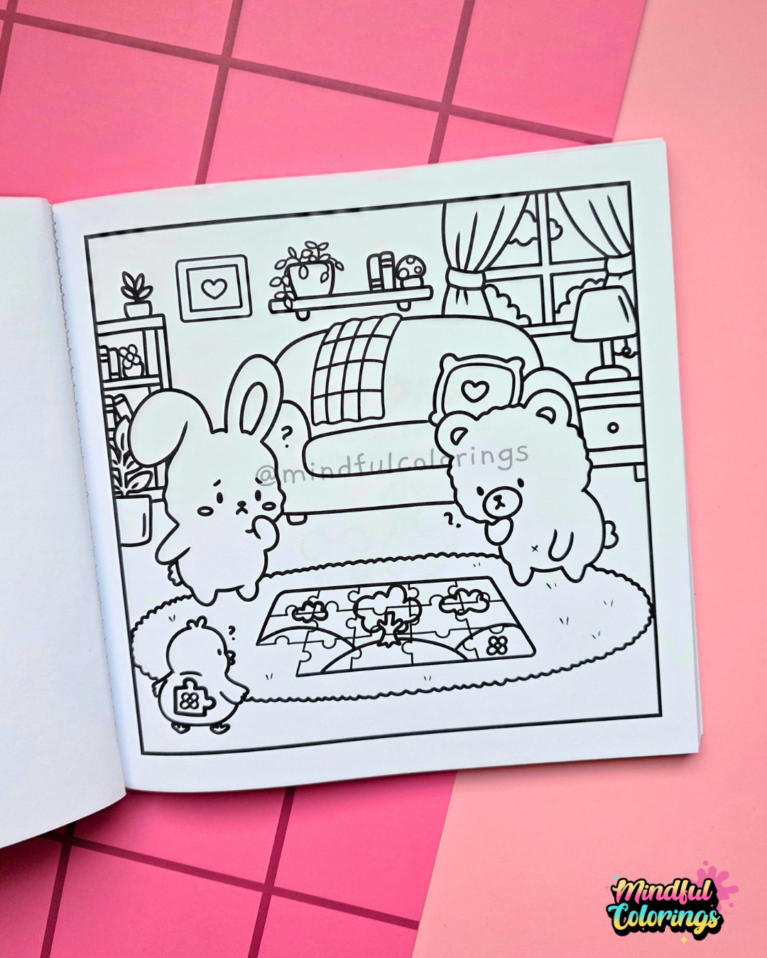 Page from Tiny Mishaps: A Chaotic Coloring Book featuring a bunny and bear searching for a missing puzzle piece while a chick secretly hides it behind its back. Cute animal coloring book designed for stress relief, relaxation, mindfulness, and marker-friendly coloring.