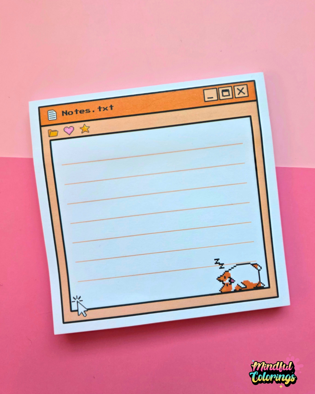Cute Y2K pixel Notes notepad with an orange retro computer window design, lined writing space and a tiny pixel fox. 8.5 cm square notepad with 50 sheets for notes, lists and brain dumps.