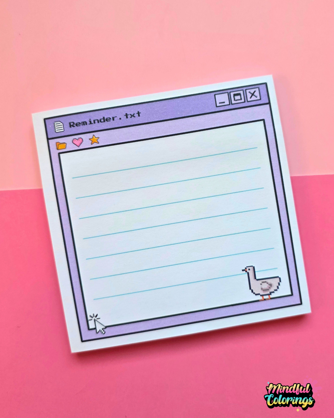 Cute Y2K pixel Reminder notepad with a purple retro computer window design, lined writing space and a tiny pixel goose. 8.5 cm square notepad with 50 sheets for reminders and everyday notes.