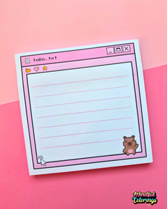 Cute Y2K pixel To Do notepad with a pink retro computer window design, lined writing space and a tiny pixel capybara. 8.5 cm square notepad with 50 sheets for lists and daily tasks.