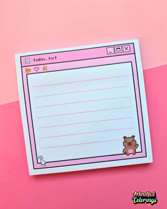 Cute Y2K pixel To Do notepad with a pink retro computer window design, lined writing space and a tiny pixel capybara. 8.5 cm square notepad with 50 sheets for lists and daily tasks.