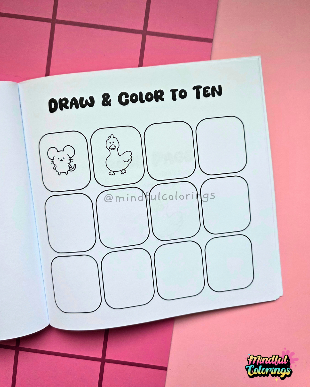 Activity page from Tiny Mishaps: A Chaotic Coloring Book encouraging children to draw and color ten cute woodland animals. Cute animal coloring book featuring mindful activities, creativity, and beginner-friendly coloring pages.