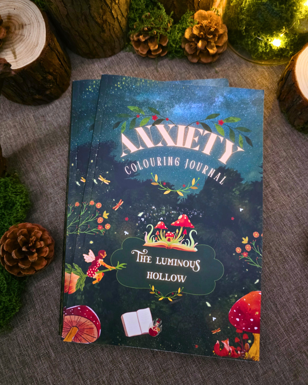 Anxiety colouring journal featuring whimsical woodland-themed artwork, colouring pages, grounding exercises, thought records, and mindfulness activities designed to support relaxation and self-reflection