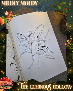Open colouring journal displaying a whimsical fantasy illustration of a fairy riding a large beetle surrounded by stars and magical details, featured inside The Luminous Hollow Anxiety Colouring Journal.