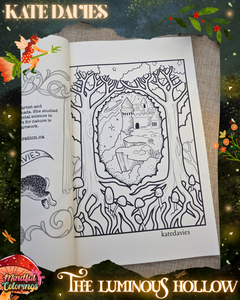 Open colouring journal displaying a fantasy illustration of a castle framed by trees, roots, mushrooms, and woodland scenery, featured inside The Luminous Hollow Anxiety Colouring Journal.