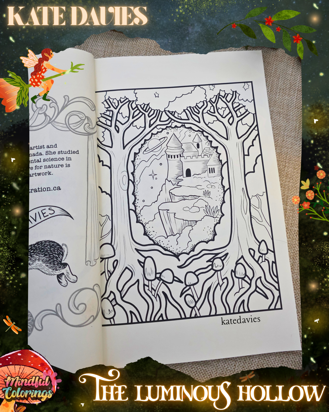Open colouring journal displaying a fantasy illustration of a castle framed by trees, roots, mushrooms, and woodland scenery, featured inside The Luminous Hollow Anxiety Colouring Journal.