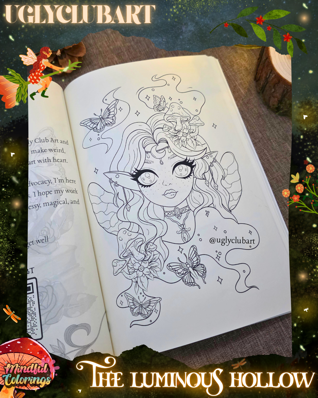 Open colouring journal displaying a fantasy fairy portrait surrounded by butterflies, flowers, mushrooms, and whimsical details, featured inside The Luminous Hollow Anxiety Colouring Journal.