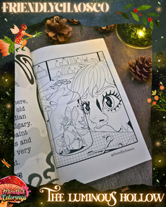 Open colouring journal displaying a whimsical fairy-themed illustration featuring a large-eyed fairy looking through a jar at a smaller fairy sitting inside , featured inside The Luminous Hollow Anxiety Colouring Journal.