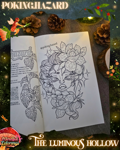 Open colouring journal displaying a fantasy portrait surrounded by flowers, leaves, and sparkling decorative elements, featured inside The Luminous Hollow Anxiety Colouring Journal.