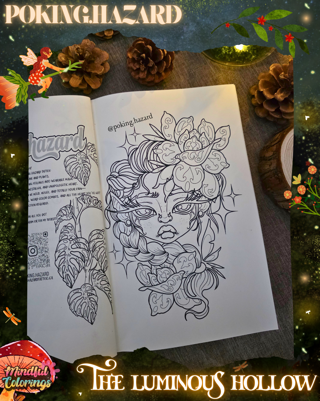 Open colouring journal displaying a fantasy portrait surrounded by flowers, leaves, and sparkling decorative elements, featured inside The Luminous Hollow Anxiety Colouring Journal.
