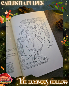 Open colouring journal displaying a whimsical jester mouse character juggling balls while dressed in an ornate fantasy costume, featured inside The Luminous Hollow Anxiety Colouring Journal.