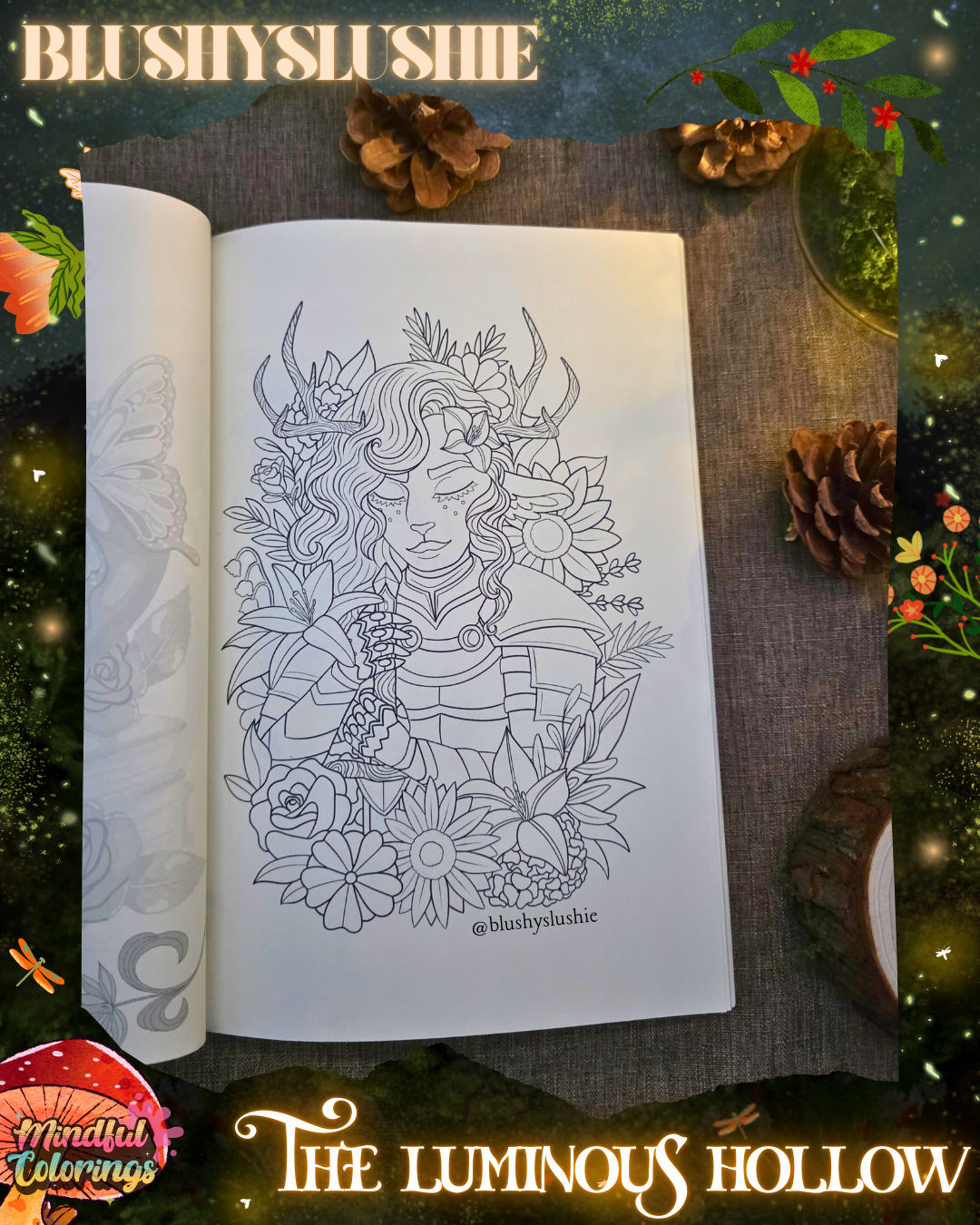 Open colouring journal displaying a fantasy portrait of a horned woodland knight character surrounded by flowers, leaves, and botanical details, featured inside The Luminous Hollow Anxiety Colouring Journal.