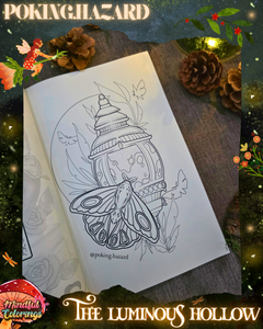 Open colouring journal displaying a whimsical illustration of a moth resting in front of an ornate lantern surrounded by leaves and butterflies, featured inside The Luminous Hollow Anxiety Colouring Journal.