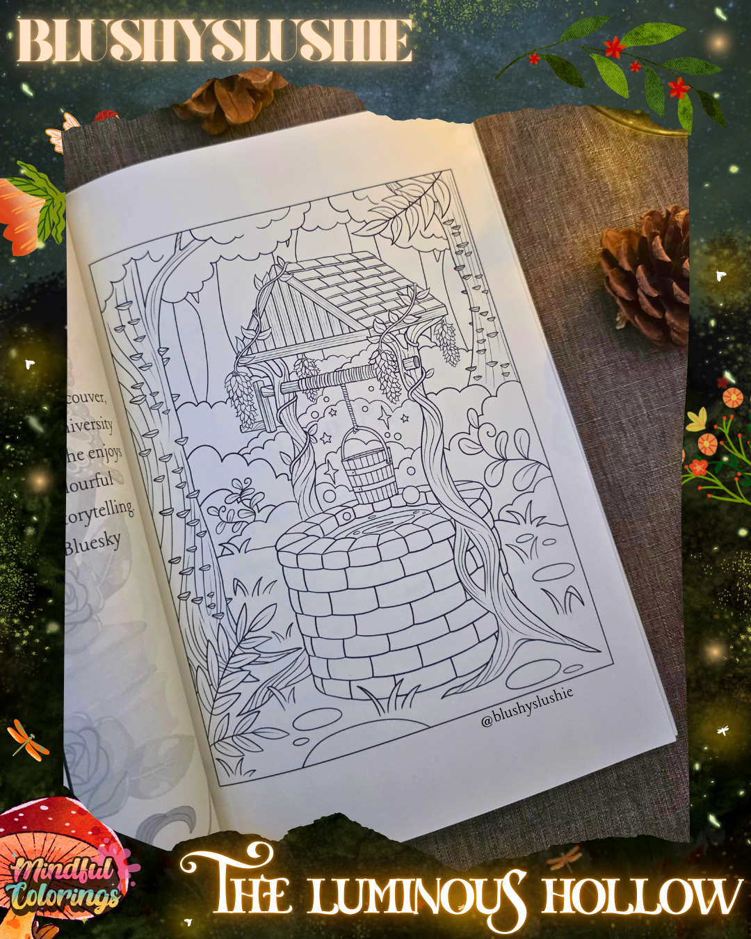 Open colouring journal displaying a whimsical woodland illustration of a magical wishing well surrounded by vines, flowers, trees, and enchanted forest details, featured inside The Luminous Hollow Anxiety Colouring Journal.