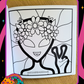 Coloring book page with an alien wearing a flower crown and making a peace sign
