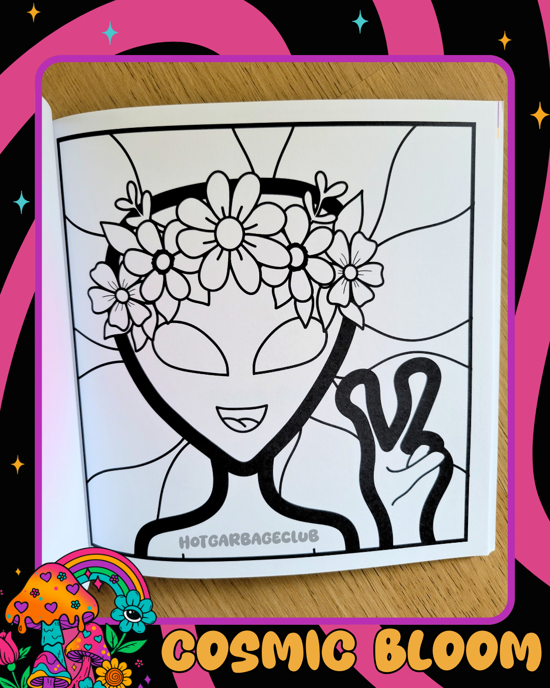 Coloring book page with an alien wearing a flower crown and making a peace sign