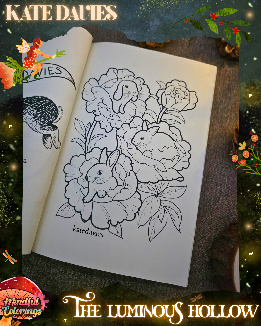 Open colouring journal displaying a whimsical illustration of three bunny rabbits nestled inside blooming flowers, surrounded by leaves and botanical details, featured inside The Luminous Hollow Anxiety Colouring Journal.