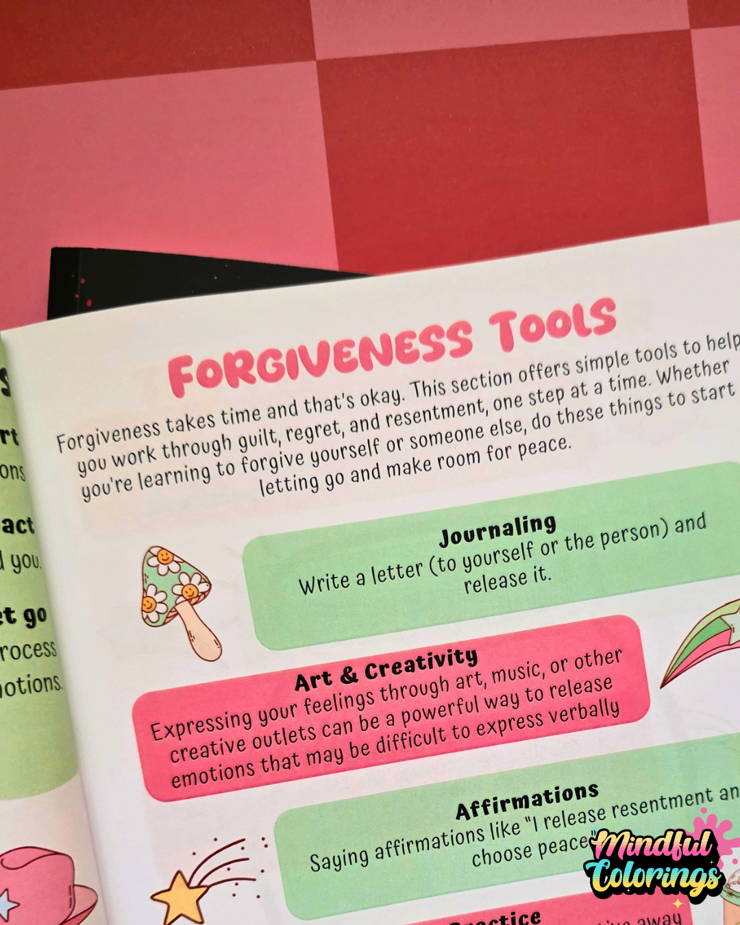 Work book page with forgiveness tools on a checkered background