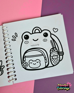 Mini frog-themed colouring book page featuring a cute frog-shaped backpack with a matching frog pouch, flower charm, and mushroom drink bottle.