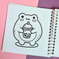 Mini frog-themed colouring book page featuring a cute frog holding a bubble tea drink with tapioca pearls.