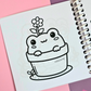 Mini frog-themed colouring book page featuring a cute frog sitting inside a flower pot with a flower blooming from its head.