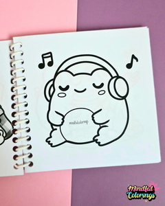 Mini frog-themed colouring book page featuring a peaceful frog wearing headphones while listening to music.